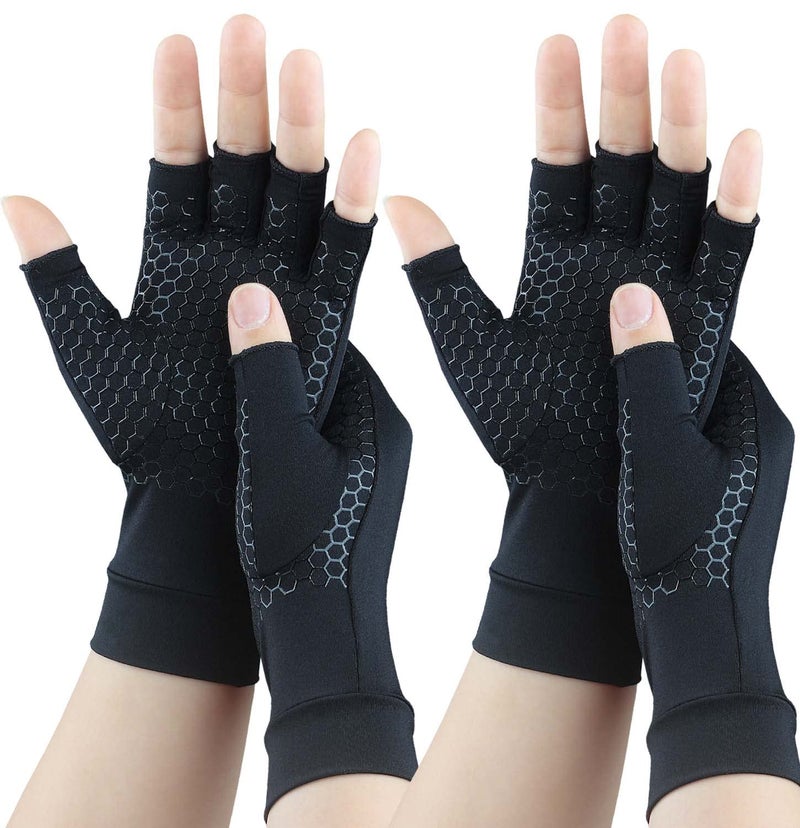 2 Pairs Copper Arthritis Gloves for Carpal Tunnel Pain Relief Compression Gloves to Alleviate Hand Pain Swelling Fingerless Computer Typing Gloves for Rheumatoid Tendonitis Women Men Large